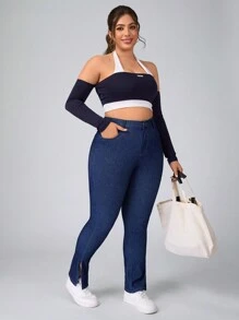 SHEIN Essnce Pantalones largos extra de mezclilla con estiramiento y abertura en el bajo, efecto estilizante, talla grande para mujer - Azul - Ver 4