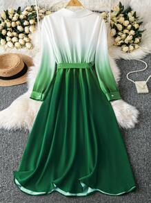 SHEIN LUNE Váy dệt tay dài màu ombre cỡ lớn, trang phục thu maxi cho nữ - Nhiều màu - Xem 2