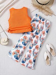 SHEIN Set de 2 piezas compuesto por top corto casual y pantalones acampanados con estampado de leopardo para niña, para primavera/verano