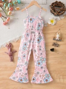 Young Girl' Cute Easter Bunny Print Camisole Jumpsuit, Flare Leg Skinny Pants, Suitable For Holidays, Daily, Casual Wear - Pink - View 2