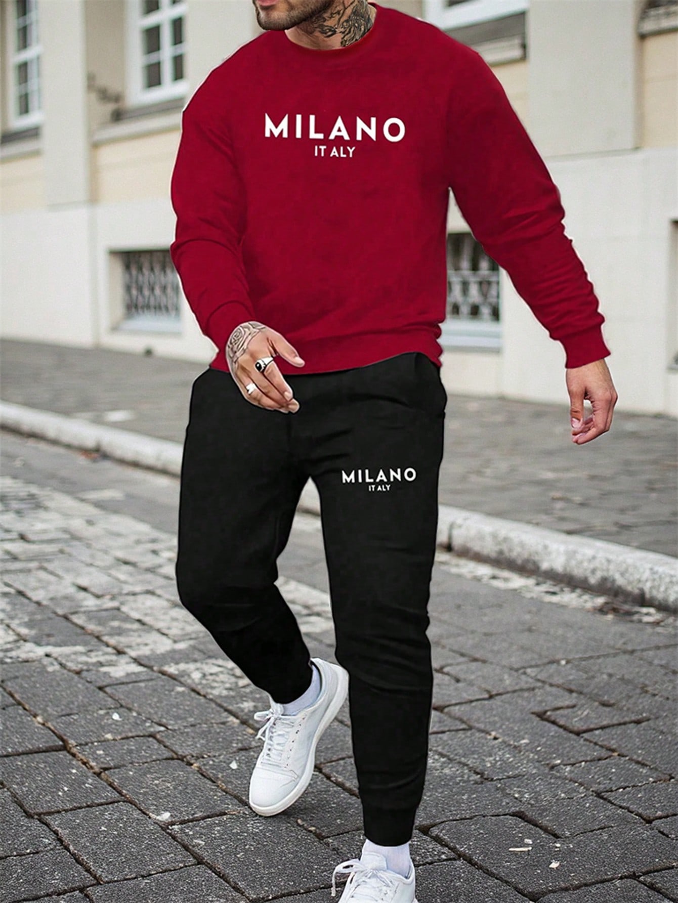 Manfinity Dauomo Men's Letter Print Minimalist Round Neck Long Sleeve Top And Pants Set