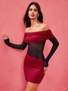 AROSE Designer Color Block Red Off Shoulder Black Sheer Mesh Long Sleeves Sexy Women Mini Dress, Valentine's Day, Spring & Summer, Festival, Concert Outfit, Rave Outfits Festival, Prom Dress