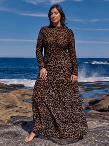 SHEIN VCAY Plus Size Modieuze Luipaard Print Getailleerde Jurk