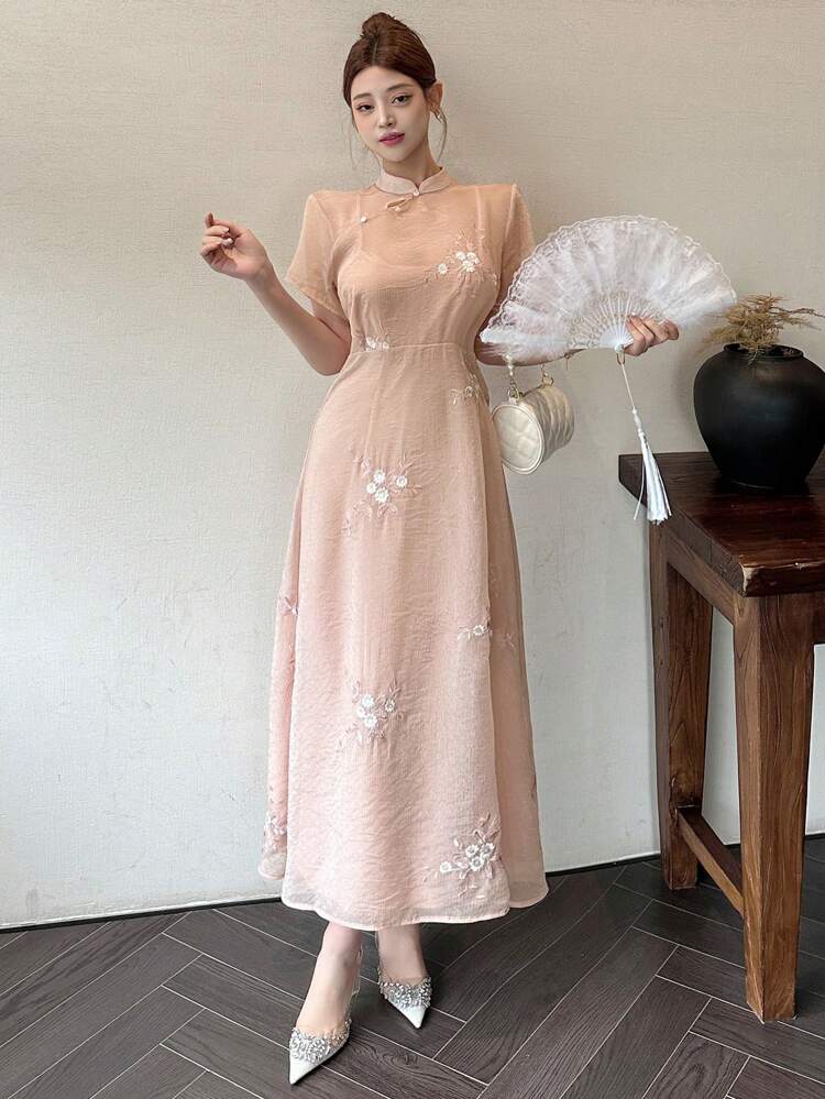 Women Floral Embroidery Short Sleeve Elegant Long Dress Summer Dress