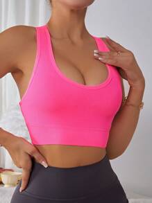 SuitURBody Women's Hot Pink Criss Cross Back High Stretch Sports Bra Casual Colorblock Fabric - Hot Pink - View 5