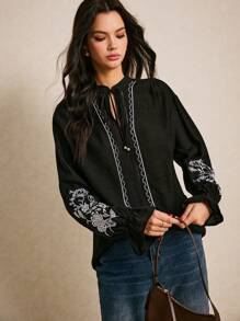 Poéselle Women's Floral Embroidery Front Tie Long Sleeve Casual Blouse - Black - View 4