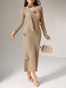 Modelyn 女士针织毛衣裙，休闲时尚，适合日常穿着 - 杏色 - 查看 3