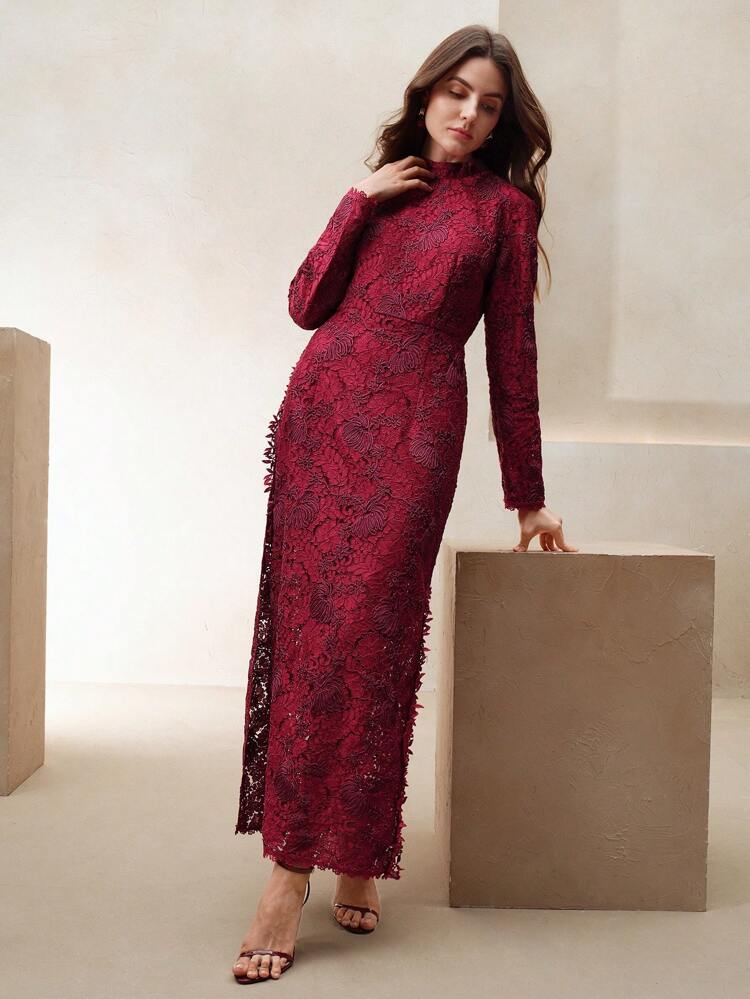 Chinese Style Retro Black Heavily Embroidered Hollow-Out High Collar Long Sleeve Slit Sexy Dress Maxi Embroidery Women Outfit