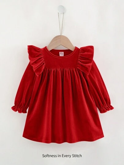 Cozy Pixies Vestido de manga larga para bebé niña con cuello redondo de punto suave, volante en el bajo y cinturilla, unicolor