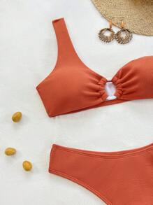 SHEIN VCAY 女士纯色比基尼上衣和下装泳衣套装，适合夏季海滩度假 - 鏽棕色 - 查看 5