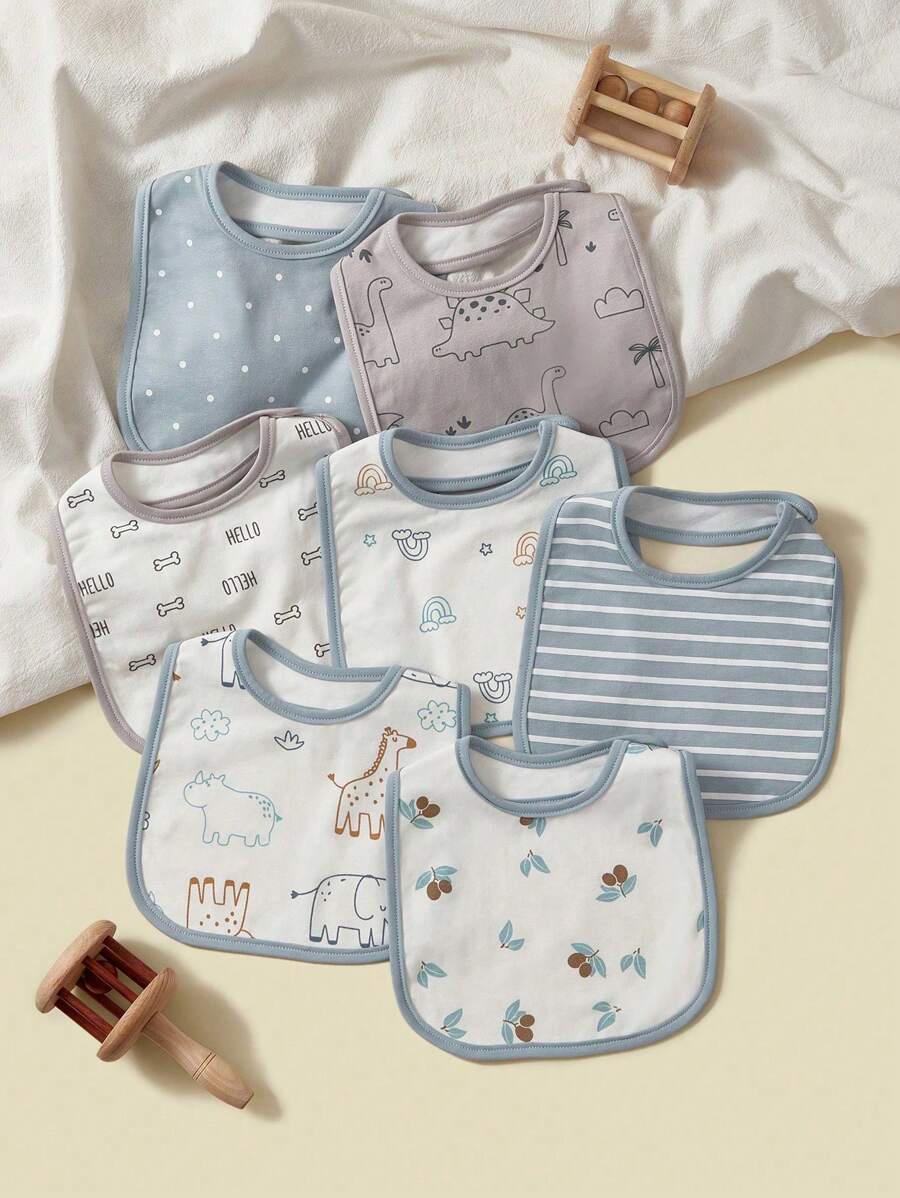 7pcs/Set Baby Boy Teething Bibs, Dinosaur & Polka Dot & Striped Print