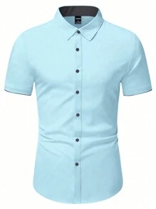 Manfinity Homme Men's Solid Color Patchwork Front Button Short Sleeve T-Shirt, Casual Everyday Wear