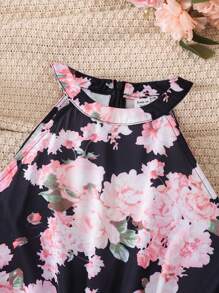 SHEIN Leap Crew Teen Girls Floral Print Cami Jumpsuit With Sleeveless Short Jacket, Elegant Outfit For Vacation And Commuting, Spring/Summer