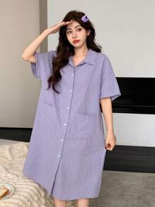 DAZY Women's Front Button Pocket Striped Loose Short Sleeve Robe,Back To School Clothes Pajama - Purple - View 3