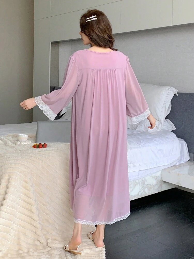 Romantic Contrast Mesh & Lace Women's Nightgown Pajama