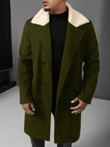 Manfinity Homme Plus Size Men's Solid Color Patchwork Front Button Casual Overcoat, Fall/Winter - Army Green - View 5