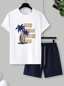 Manfinity RSRT 2pcs/Set Men Slogan & Palm Tree Print Round Neck Short Sleeve Casual T-Shirt And Drawstring Waist Shorts - Multicolor - View 3