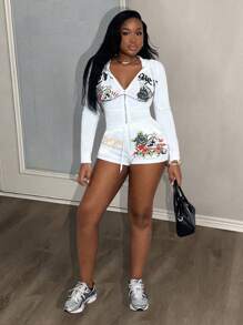 Slaydiva New Spring And Summer Casual Street Hooded Long-Sleeved Zipper Sweatshirt Cardigan + Slim Shorts Slogan Skull Print White Women's Two-Piece Set-B - White - View 3