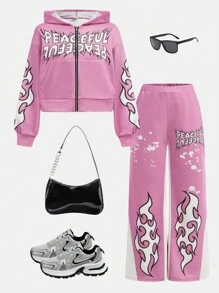 SHEIN Tween Girls Loose Sporty Casual Hooded Sweatshirt & Contrast Color Sweatpants 2pcs Set - Multicolor - View 1