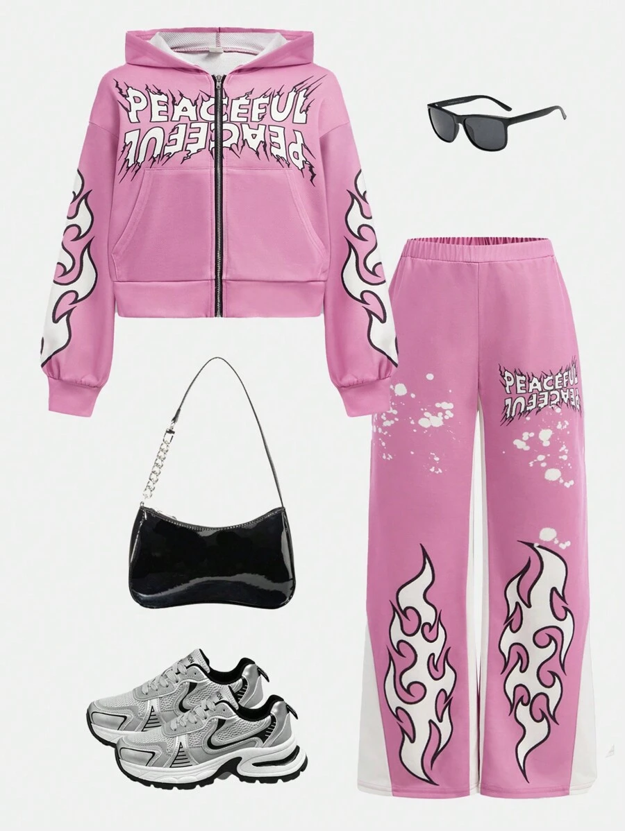 SHEIN Tween Girls Loose Sporty Casual Hooded Sweatshirt & Contrast Color Sweatpants 2pcs Set - Multicolor - View 1