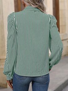 SHEIN Clasi 女士条纹长袖休闲衬衫，简约时尚日常穿着 - 綠色 - 查看 2