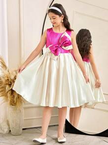 SHEIN Tween 女童缎面拼布蝴蝶结无袖 A 字形连衣裙，优雅美观 - 白色 - 查看 4