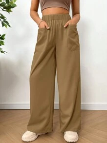 SHEIN EZwear Women's Khaki Wide Leg Pants With Pockets And Elastic Waist,Palazzo - Camel - View 4
