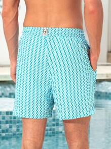 Manfinity KASUA Pantalones cortos de playa con franja y nudo delantero para hombre, vestimenta casual de vacaciones - Celeste - Ver 2