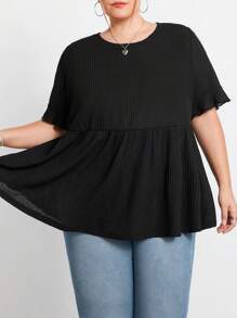 SHEIN CURVE+ 大码女式休闲华夫格针织荷叶边袖黑色 T 恤 - 黑色 - 查看 3