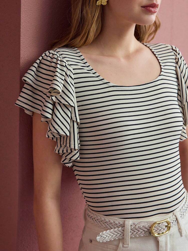 STRIPED RUFFLE SLEEVE T-SHIRT