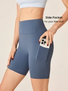 SHEIN Sports Short de entrenamiento de cintura alta sin costuras de unicolor para mujer