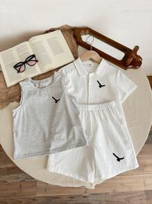 LMoss Kids 3pcs/Set Young Boy Casual Everyday Versatile Printed Collared Short Sleeve Shirt, Sleeveless Knit Vest, And Woven Shorts Set, Suitable For Spring/Summer, Daily, Sports, Outings, School, Gatherings, Holidays, Photo-Shooting, Back-To-School Cute Clotehs