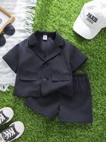 SHEIN Bộ 2 món/Bộ áo sơ mi tay ngắn ve trơn màu cho bé trai và quần short cạp chun - màu đen - Xem 7