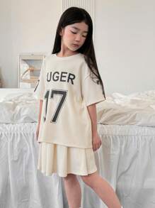 Dazy Kids Set de 2 piezas para niña preadolescente que incluye blusa de manga corta con cuello redondo y estampado de letras, y falda informal. Conjunto de ropa de verano para niñas, ideal para volver al colegio. - Albaricoque - Ver 6