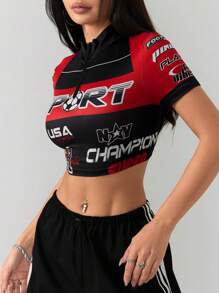 Coolane 女士字母印花短袖前拉链短款上衣 - 紅色和黑色 - 查看 6