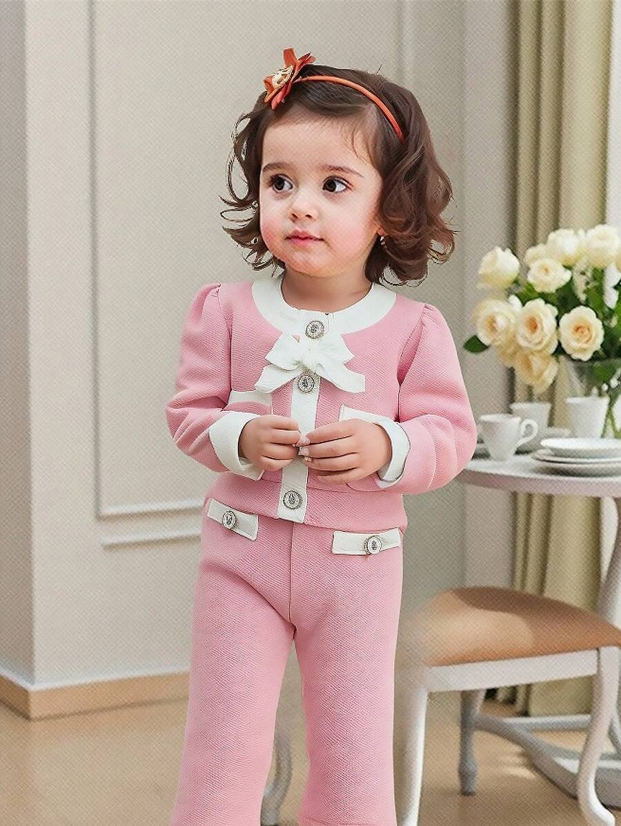 SHEIN Baby Girls' Spring/Autumn Cute Elegant Round Neck Puff Sleeve Bow Shirt + Ombre Color Flare Pants 2 Pcs Set, Soft & Comfortable, Skin-Friendly, Classic Round Neck Design With Adorable Bow - Pink - View 1