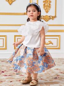 SHEIN 2pcs Set Bayi Perempuan: Blus Berkerah Ruffle Berlapis dan Rok Jacquard - Berwarna merah muda - View 4