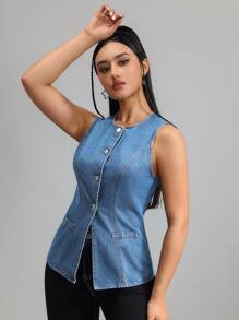 SHEIN Tall 女式牛仔上衣 休闲长款背心 蓝色女式上衣 女式衬衫 秋季 夏季 女式高腰上衣 女式妈妈上衣 夏季上衣 吊带背心 女式高腰上衣 女式高腰上衣 - 中等水洗藍 - 查看 5