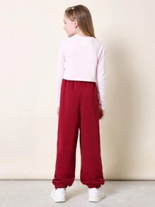 SUMWON Tween Girls Everyday Play 长袖婴儿 T 恤，带图案印花和慢跑裤 2 件套 - 酒紅色 - 查看 2