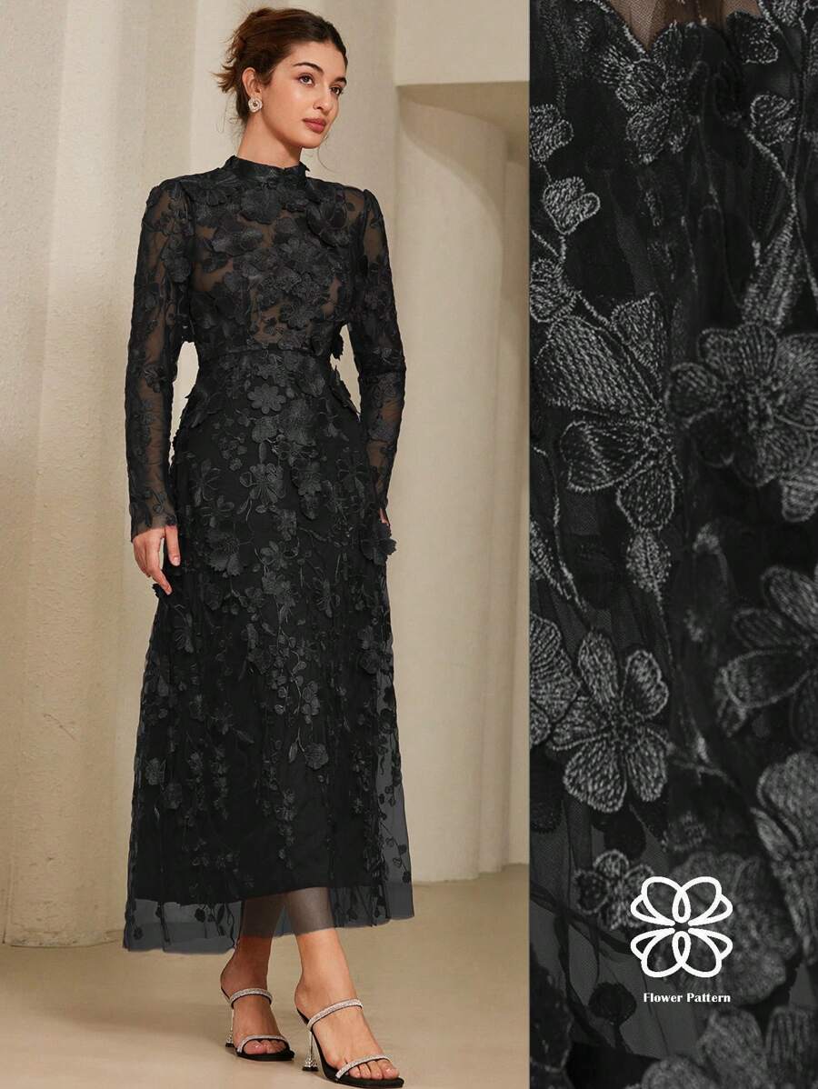 Aveloria Rosie 奢华派对 3D 花卉刺绣优雅浪漫立领收腰长袖女式连衣裙 - 黑色 - 查看 1