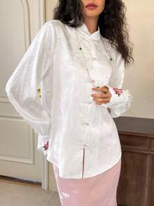EastFlair Blusa larga de manga larga casual y elegante con bordado floral para mujer