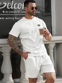 Manfinity Homme Plus Size Men's Round Neck Short Sleeve Casual Top And Shorts Set - Apricot - View 1