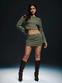 SHEIN Unity 2 Pcs Washed Rib Off Shoulder Top & Mini Skirt Set - Green - View 1