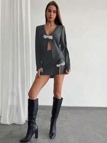 Aloruh 女士深 V 亮片蝴蝶结装饰和低腰开衩 2 件套派对礼服套装 - 深灰色 - 查看 5