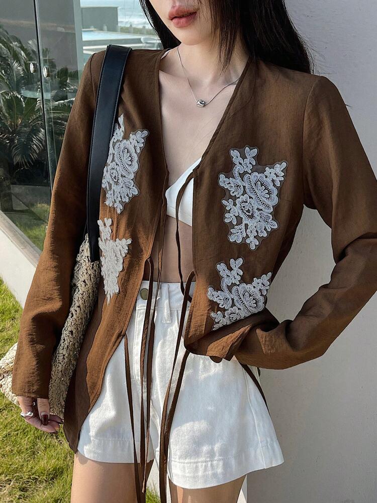 Women's Tailored Embroidered Casual & Resort Long Sleeve V-Neck Tie-Front Shirt, Spring/Summer,Fall Clothes Graphic Tee