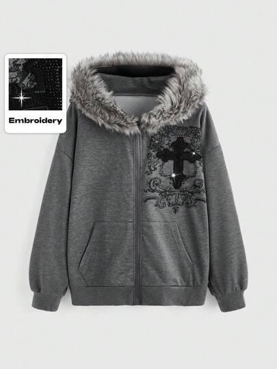 Grunge Punk Music Festival Street Rock Rhinestone Cross Detachable Faux Fur Collar Loose Open Front Hoodie For Women