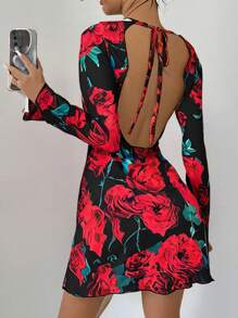 Firerie 女士优雅浪漫时尚通勤性感优雅风格连衣裙，适合派对、圣诞派对、度假、返校、浪漫约会和婚礼生日，紧身红色花卉印花露背连衣裙 - 彩色 - 查看 7