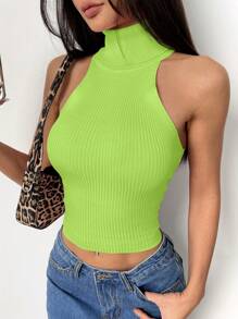 Muchica Women Solid Color High Neck Sleeveless Slim Fit Tank Top, Casual Daily Wear - Green - View 5