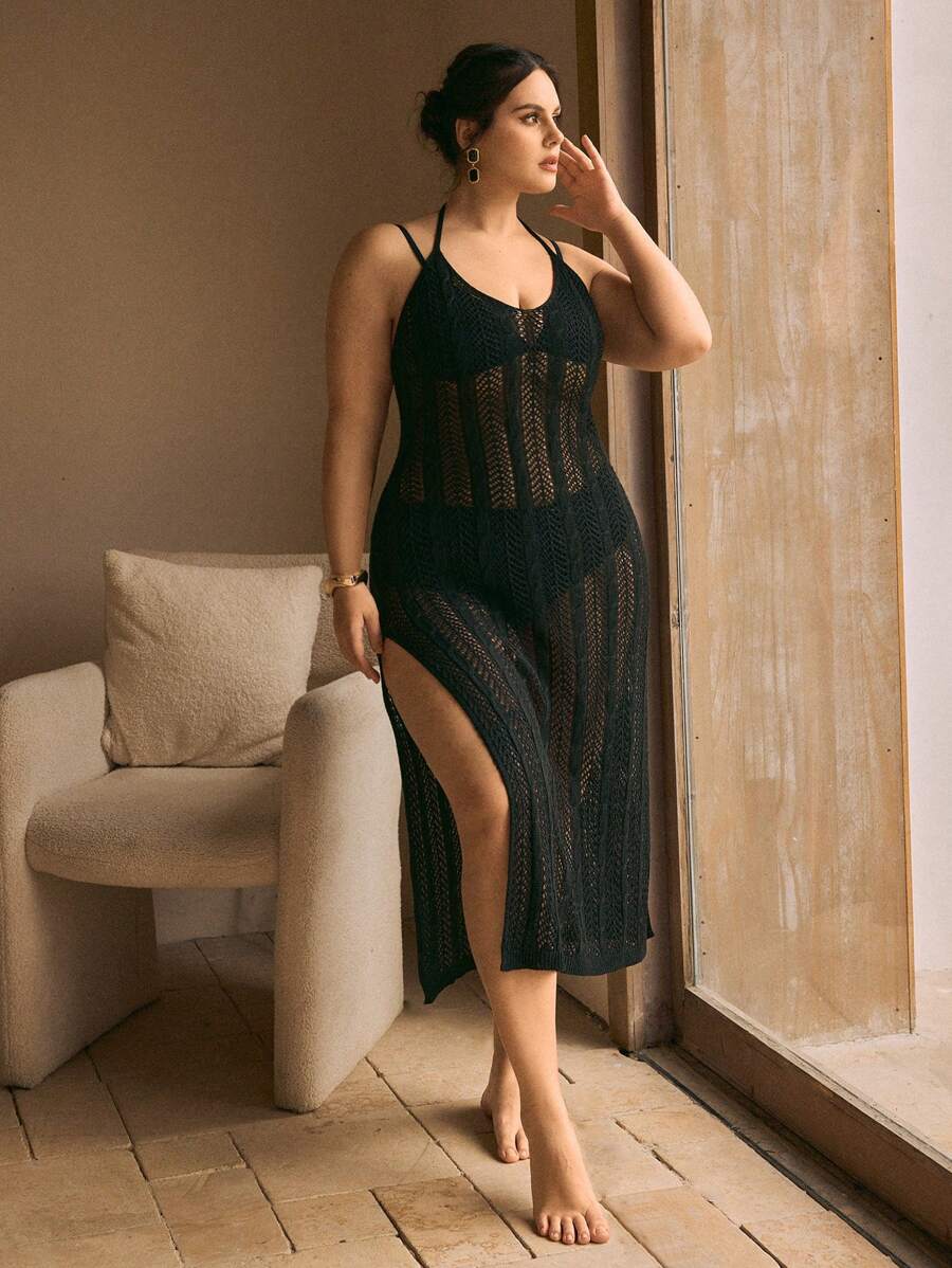 SHEIN Swim Curve Robe de plage longue asym?�trique en crochet grande taille pour femmes, pour les 