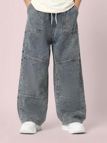 SUMWON 男女通用阔腿牛仔裤，撞色拼接，秋冬休闲街头风格，宽松木匠裤，高腰套脚溜冰时尚